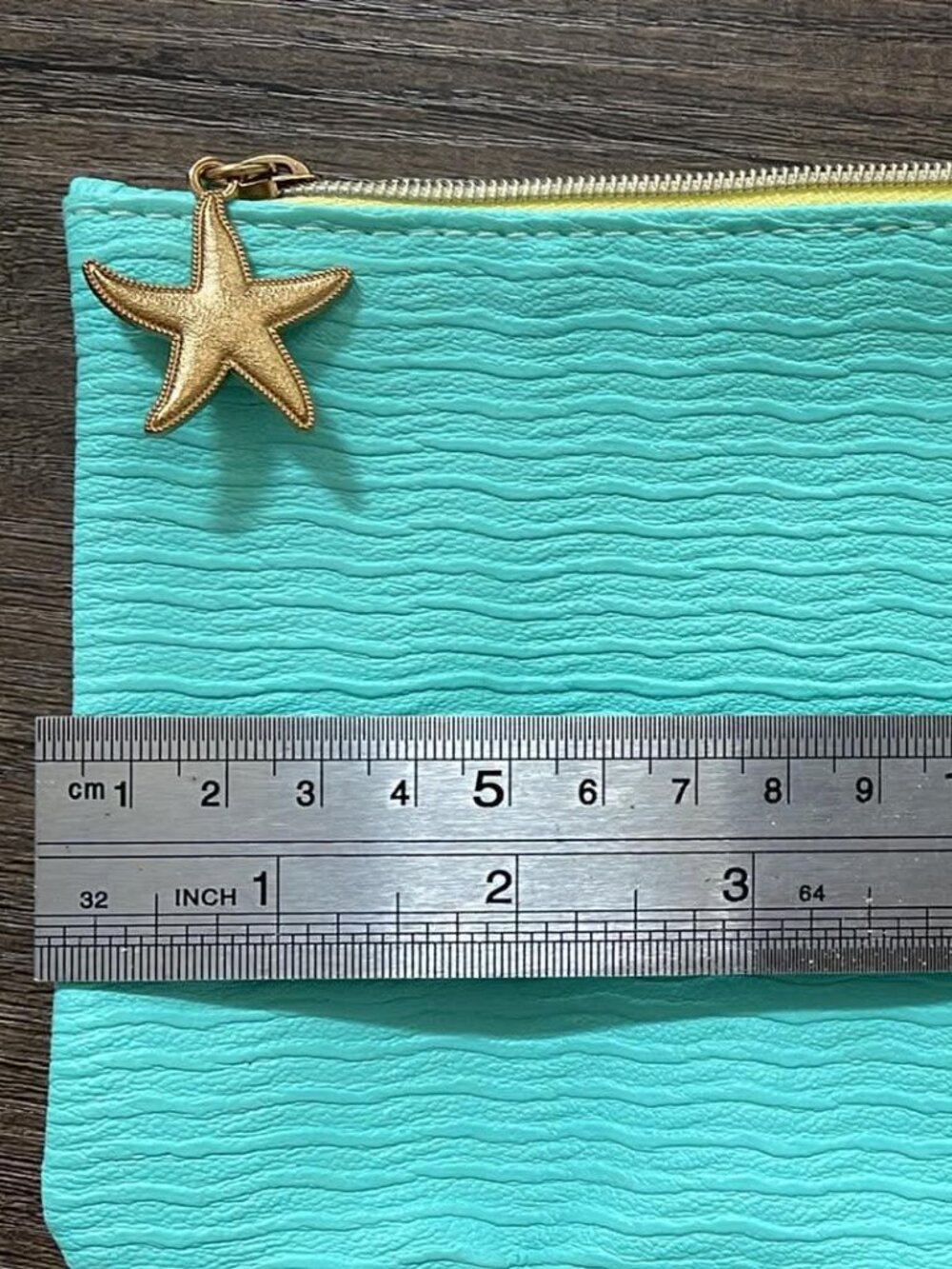Teal Aqua Wave Texture Zip Pouch Cosmetic Bag Gold Starfish Zipper Pull